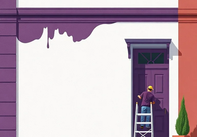 Peintre sur échafaudage traitant la façade d'une maison